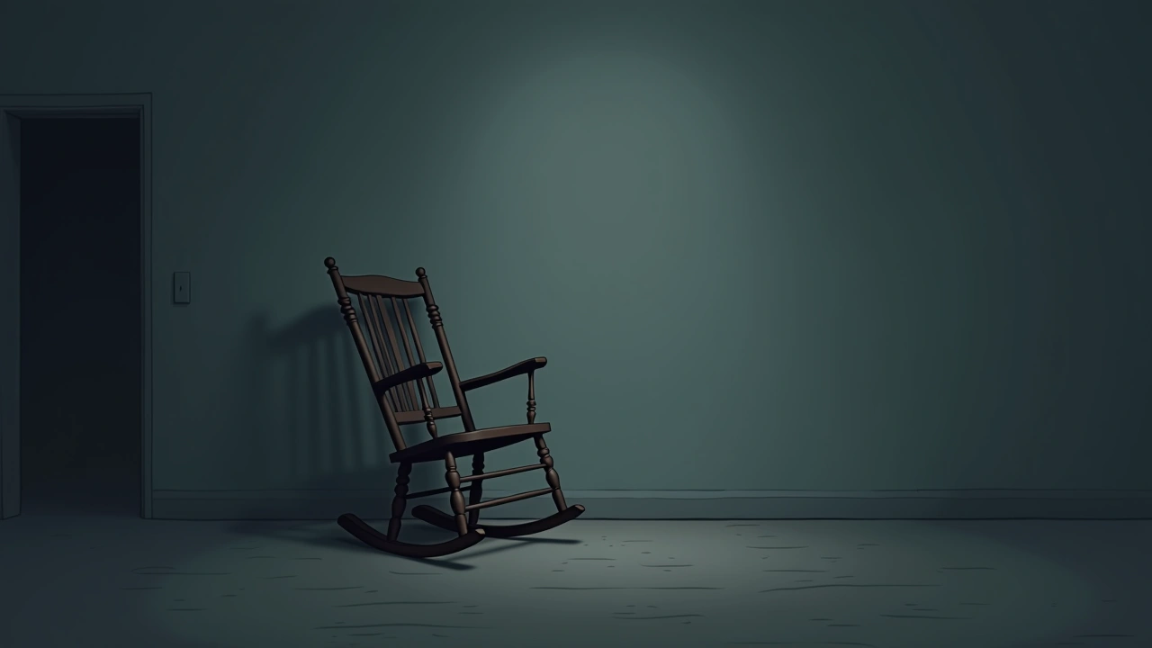 Illustration: a grandmother's old rocking chair standing alone in a dim, bare room.