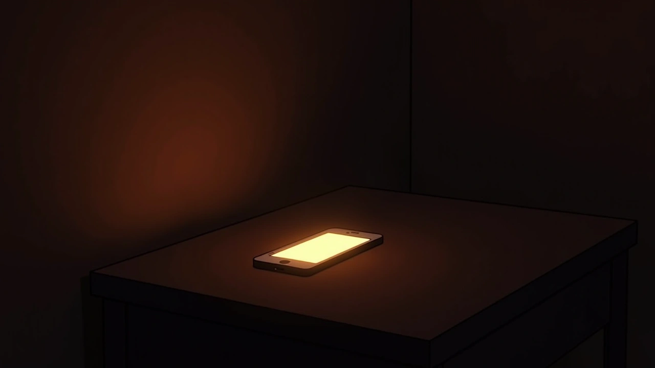 Illustration: a smartphone glowing alone on a table in a dark room, faint eerie light from the screen.