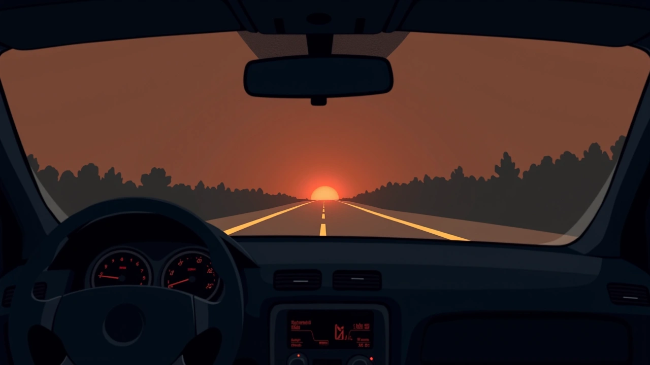 Illustration: a car dashboard glowing softly at night on an empty road.