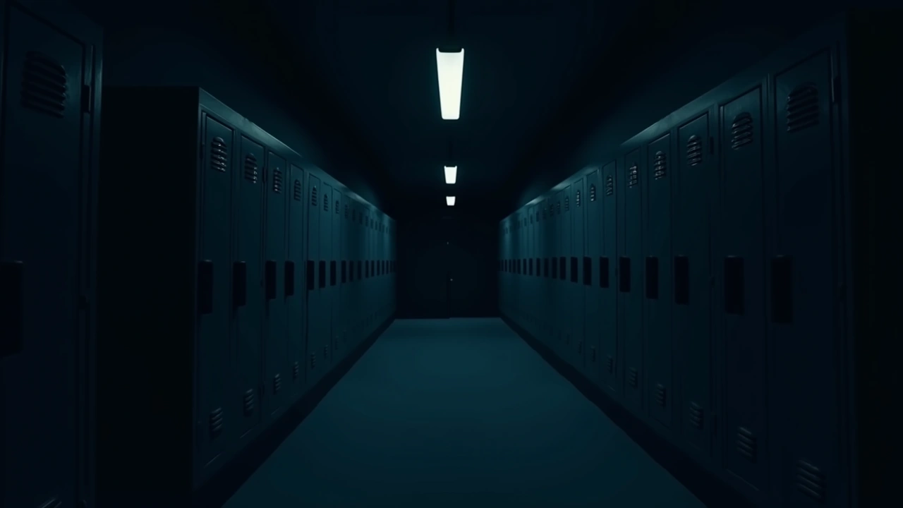 Illustration: a dark abandoned school hallway at night, rows of empty lockers.