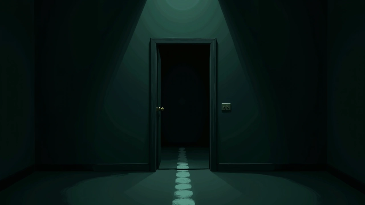 Illustration: A dark bathroom doorway with a thin blade of light beneath the door.