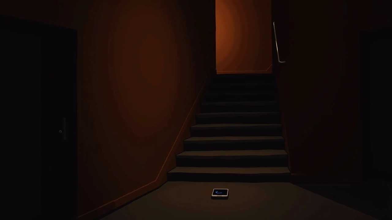 Illustration: a dim basement staircase at night, a phone screen glowing faintly in the dark.