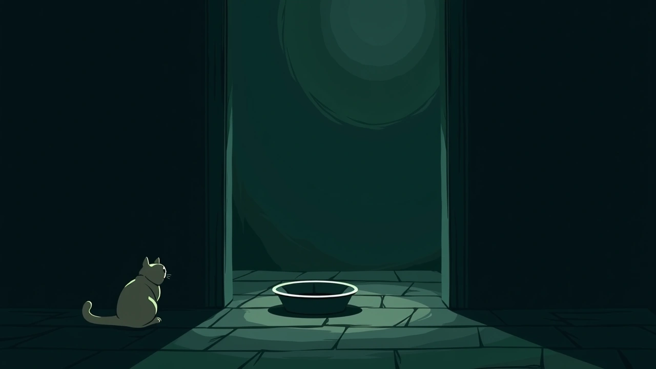 Illustration: a cat's water bowl on a kitchen floor at night, freshly filled.