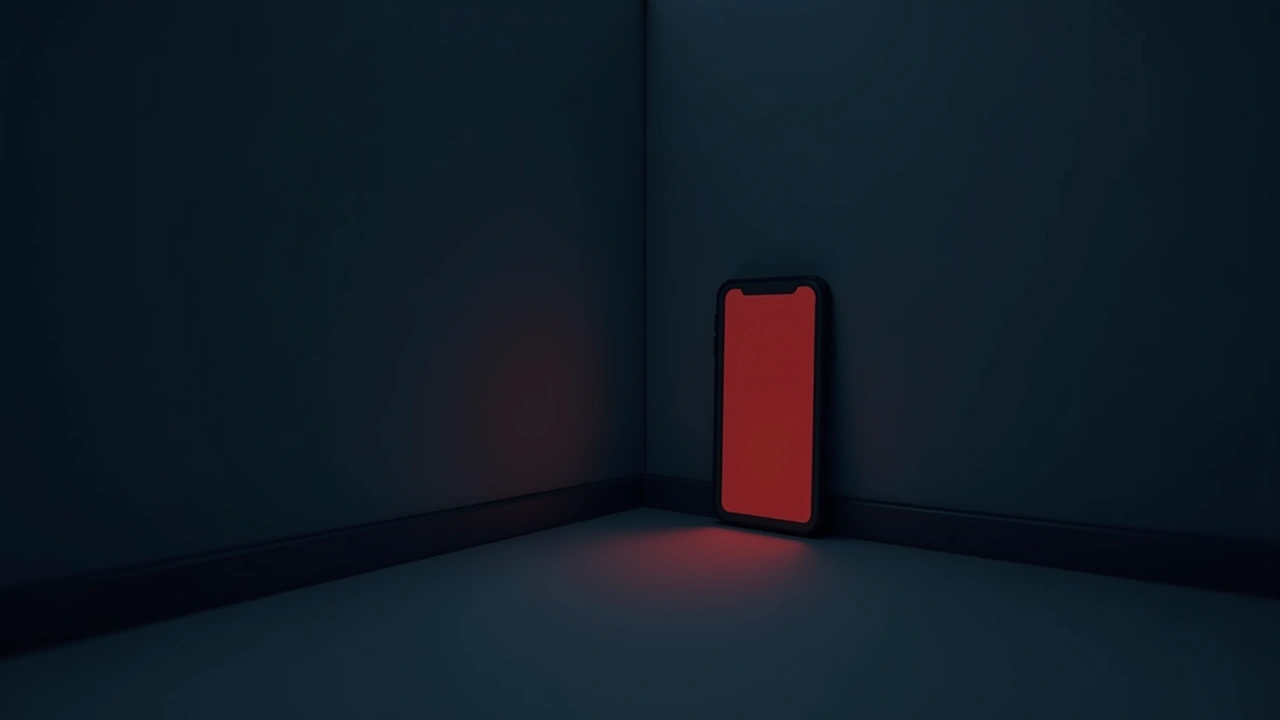 Illustration: a smartphone screen glowing solid red in a dark room.