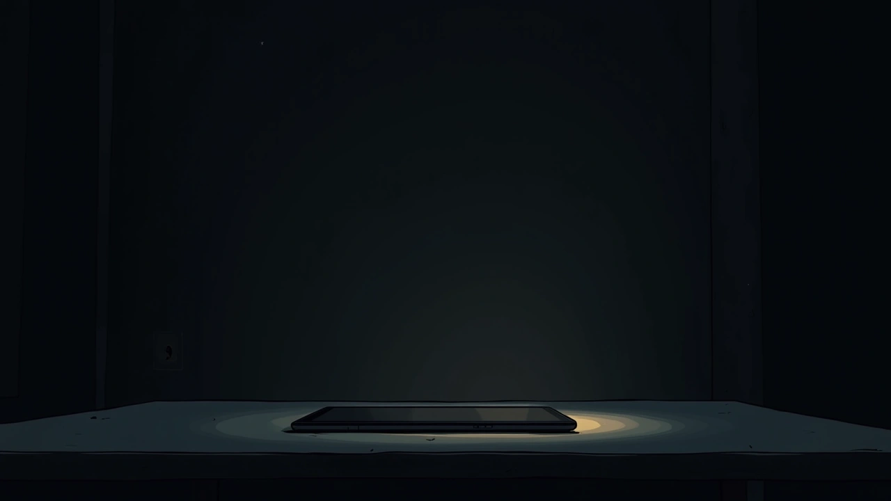 Illustration: A tablet resting on a table in a dim room at night.
