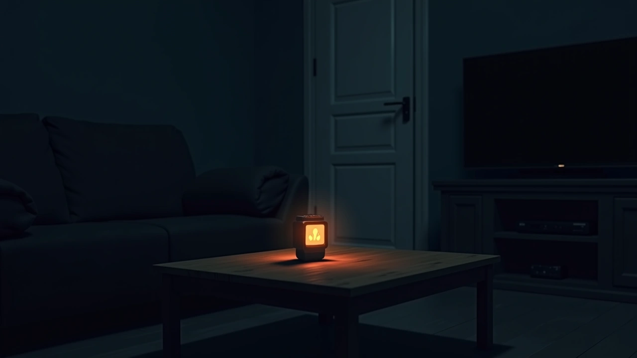 Illustration: A small handheld ghost-detection device glowing on a coffee table in a quiet living room.