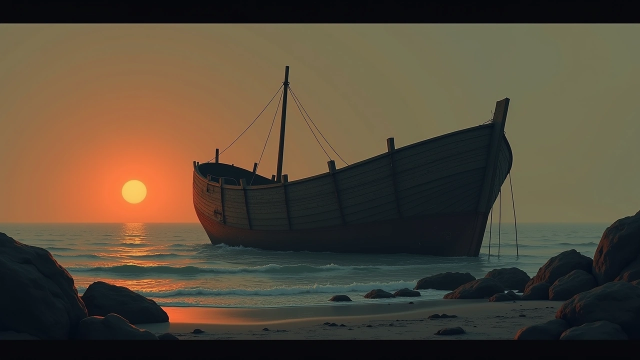 Illustration: an old wooden shipwreck washed up on a rocky shore at dusk.