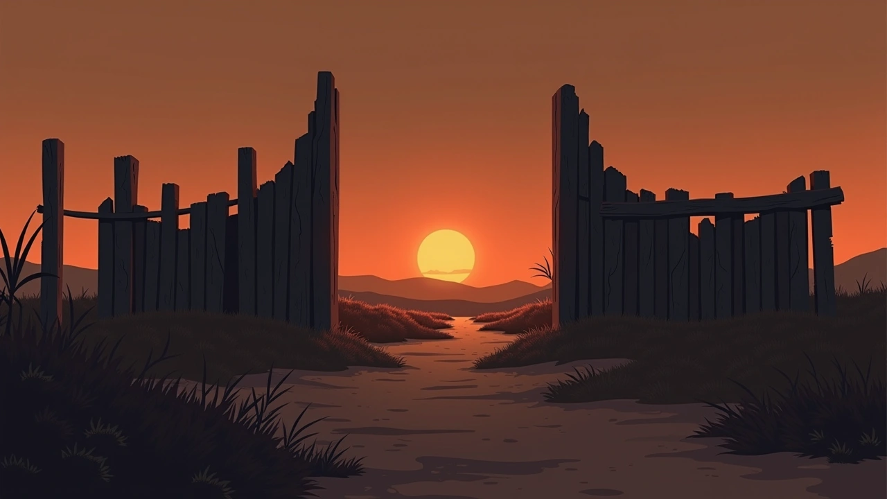 Illustration: the ruins of an old frontier fort at dusk, weathered wooden posts against a wide sky.