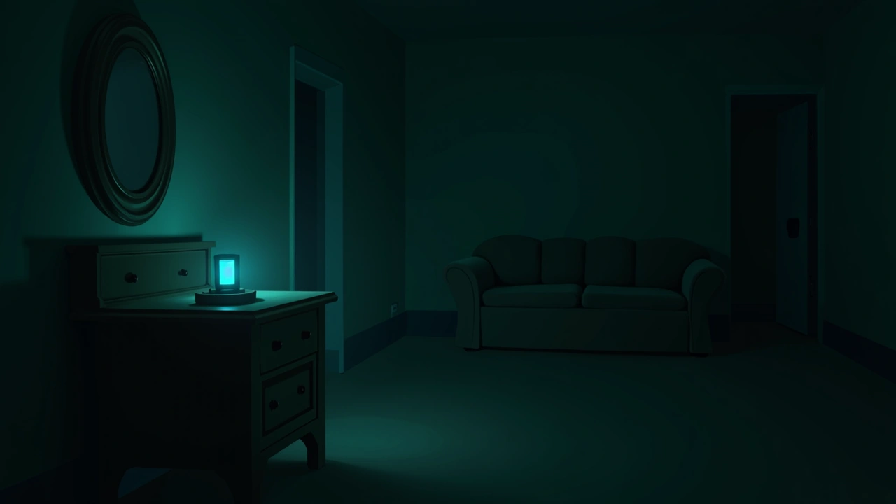 Illustration: A dim, old-fashioned living room at night, a faint blue glow coming from a small handheld device resting on a wooden side table.