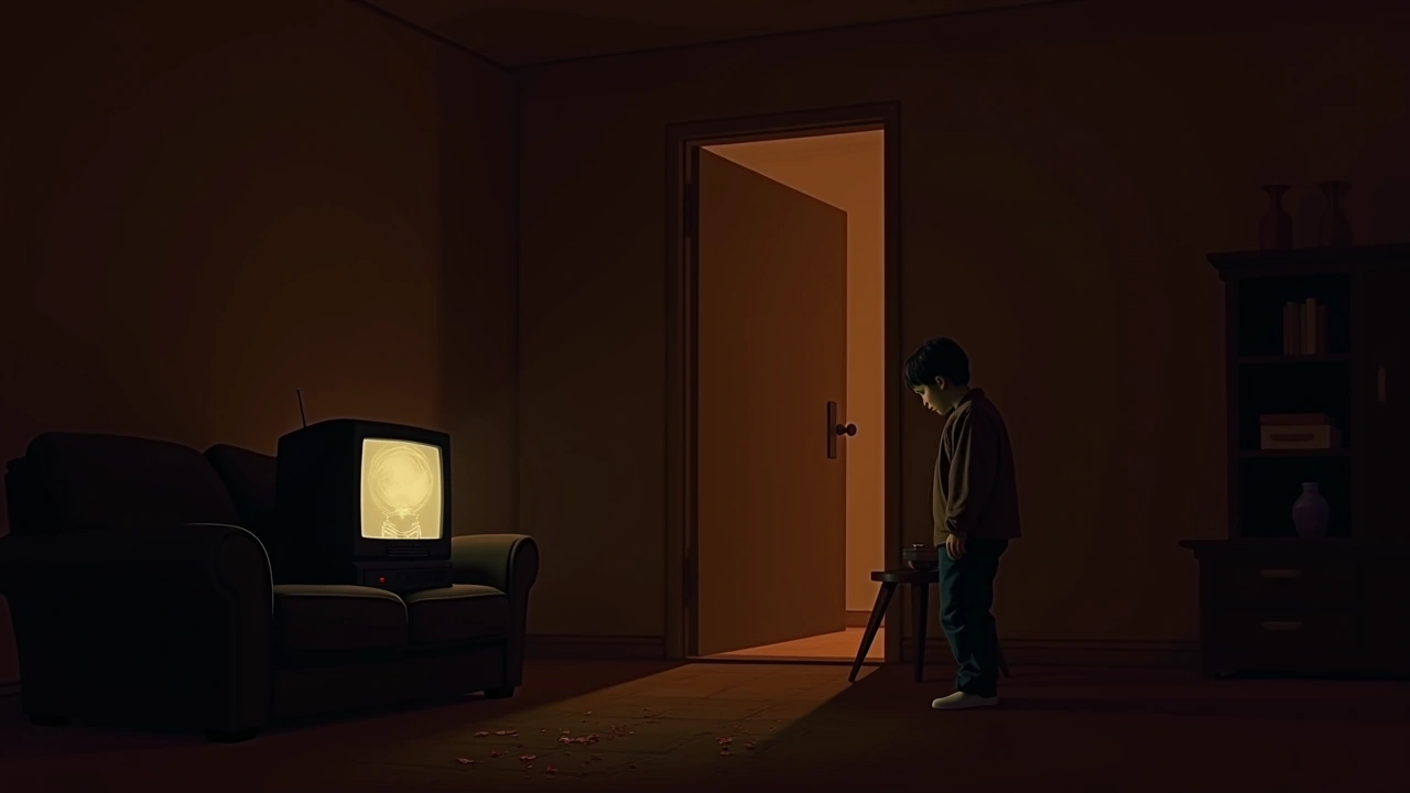 Illustration: A dim living room lit only by a flickering television at night.