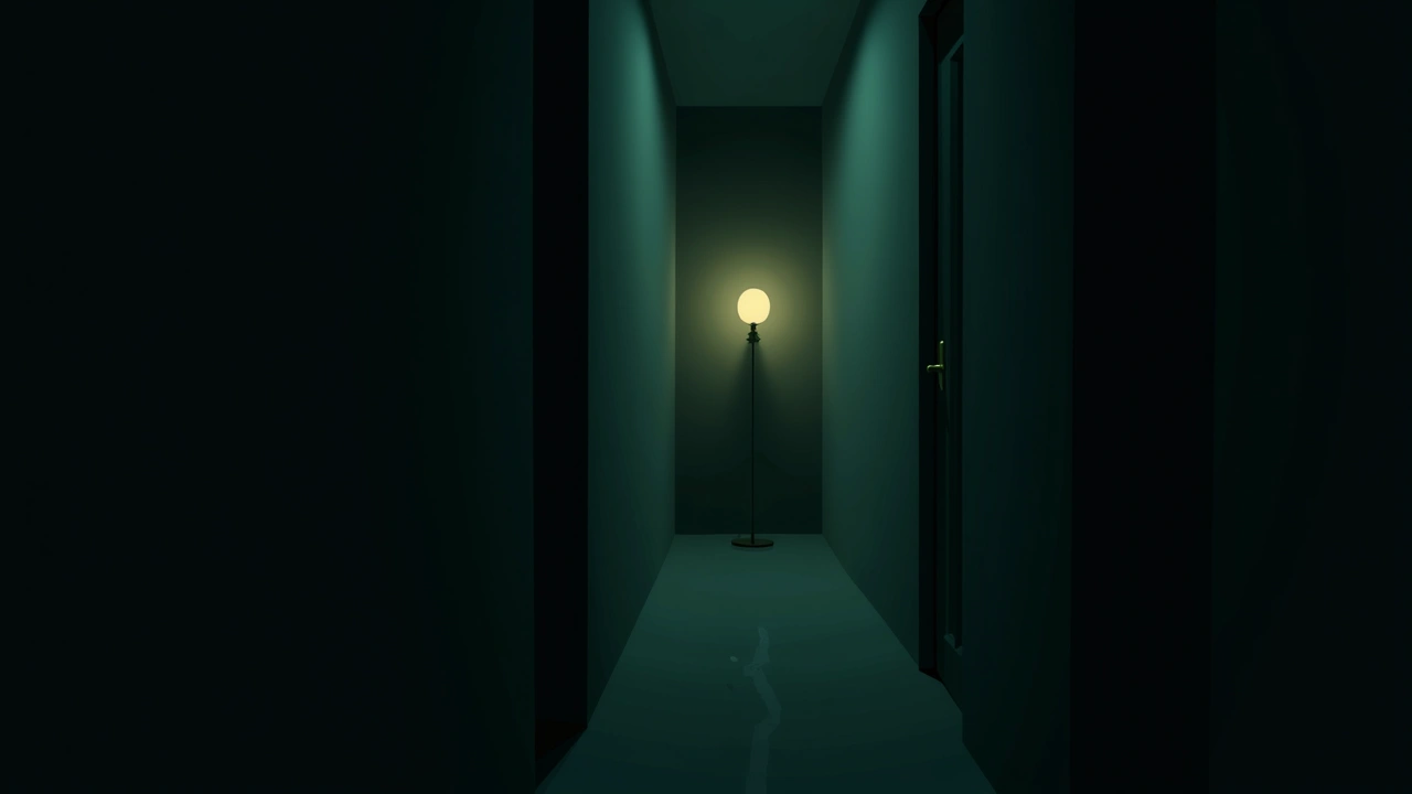 Illustration: a dim apartment hallway at night, a single lamp glowing at the far end.