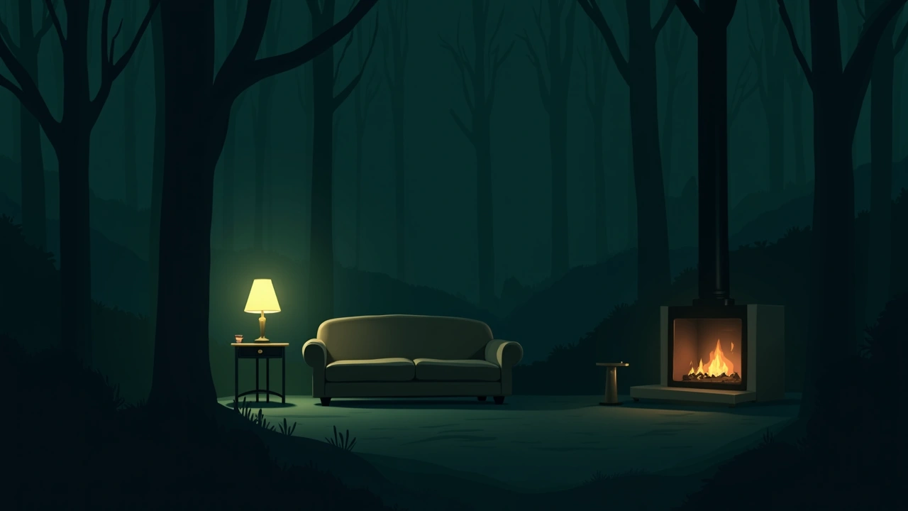 Illustration: a cozy lounge room at night under dim lamp light.