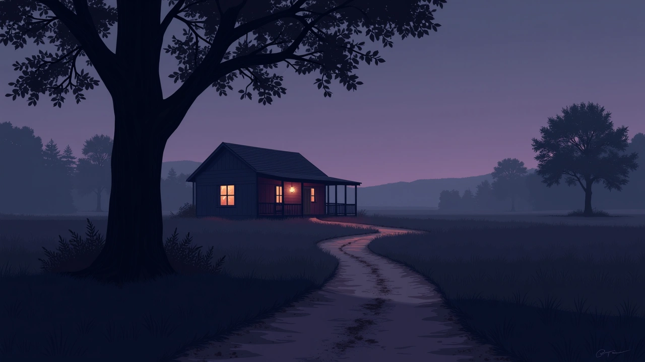 Illustration: a dirt path leading toward a tree near a rustic clubhouse at dusk.