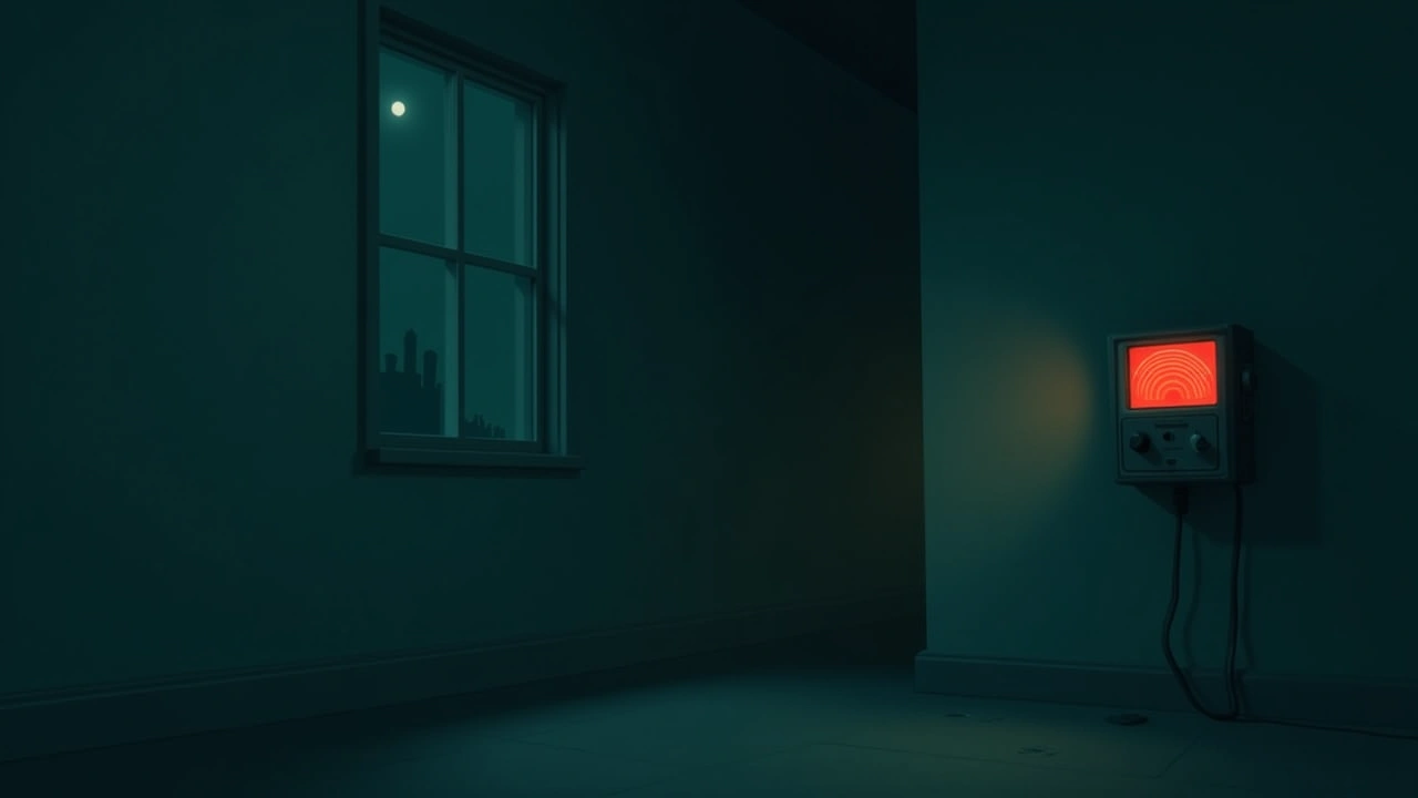 Illustration: a signal meter glowing red in a dark room beside a window at night.