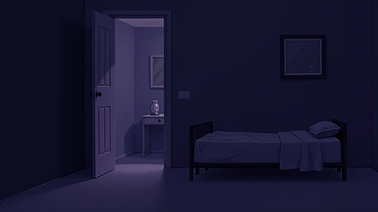 Illustration: A bedroom lit only by a phone screen at night, a closed door hinting at someone asleep down the hall.