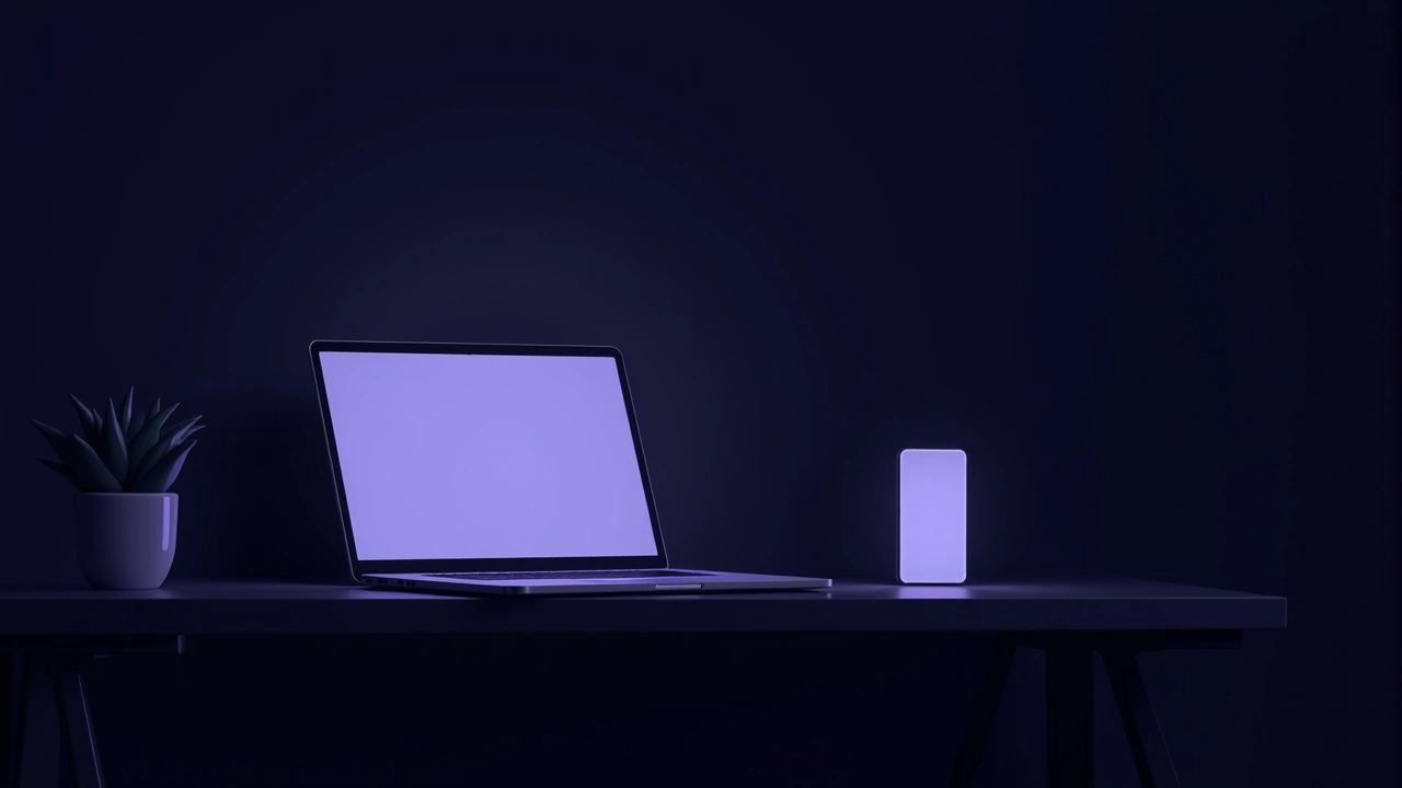 Illustration: a laptop and a phone glowing side by side on a dark desk at night.