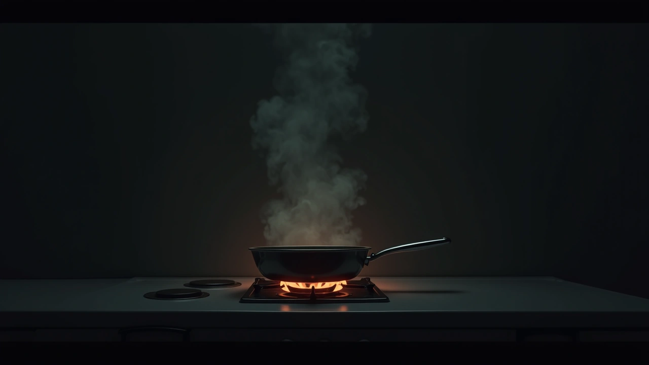 Illustration: an old-fashioned chip pan smoking on a lit stovetop flame in a small vintage kitchen.
