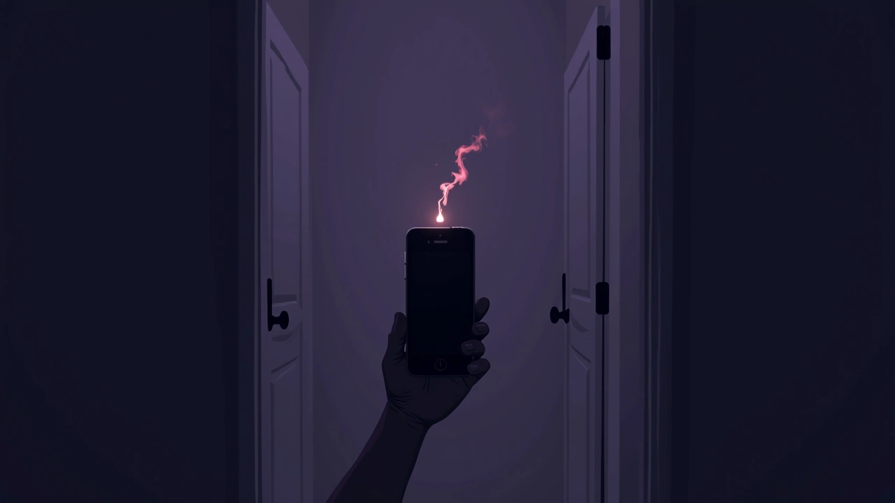 Illustration: a phone held up in a quiet room, its signal meter flaring bright.