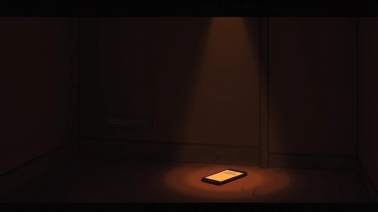 Illustration: a smartphone glowing in a dark room, spirit-box words scrolling across its screen.