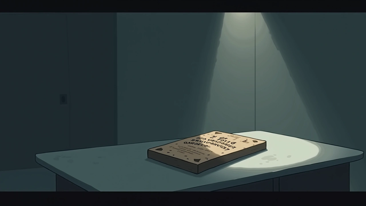 Illustration: a wooden ouija board resting on a table in dim lamplight.