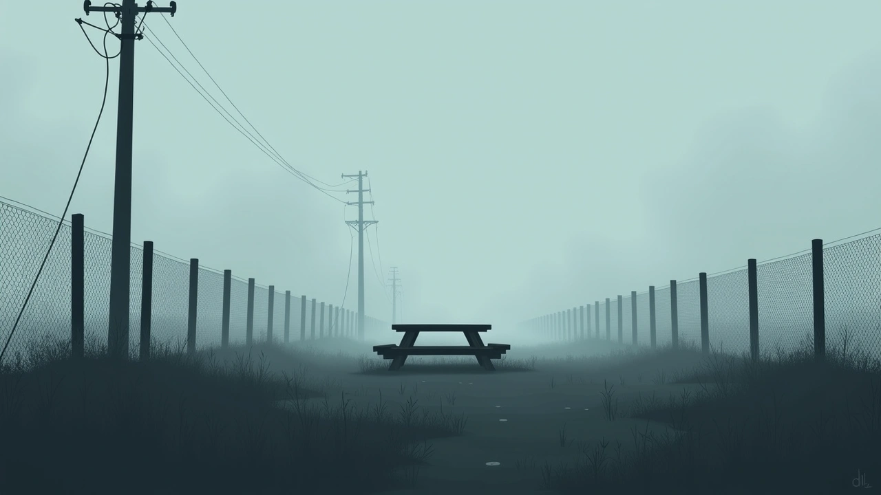 Illustration: a picnic clearing beside a tall wire fence, late afternoon.