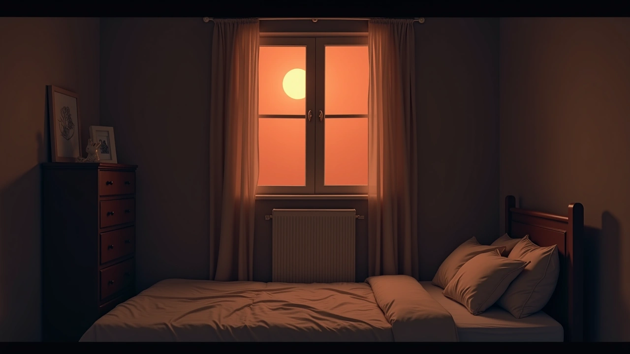 Illustration: a quiet bedroom at night, moonlight through a curtained window.