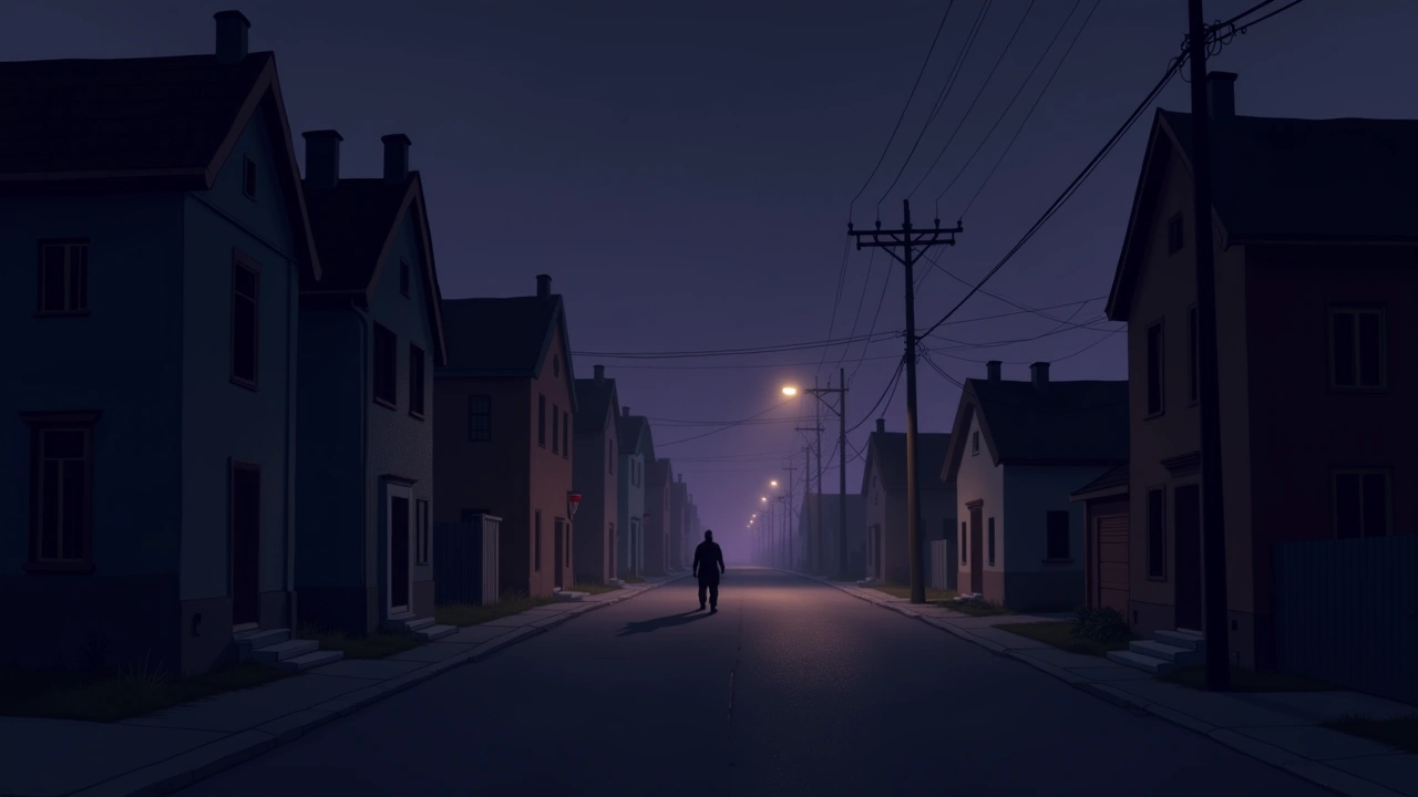 Illustration: an empty street in a small town at night.