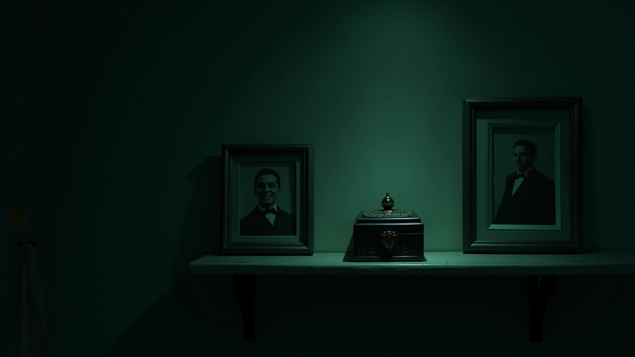 Illustration: a small ornamental box surrounded by framed photographs on a shelf in a dim, quiet living room.