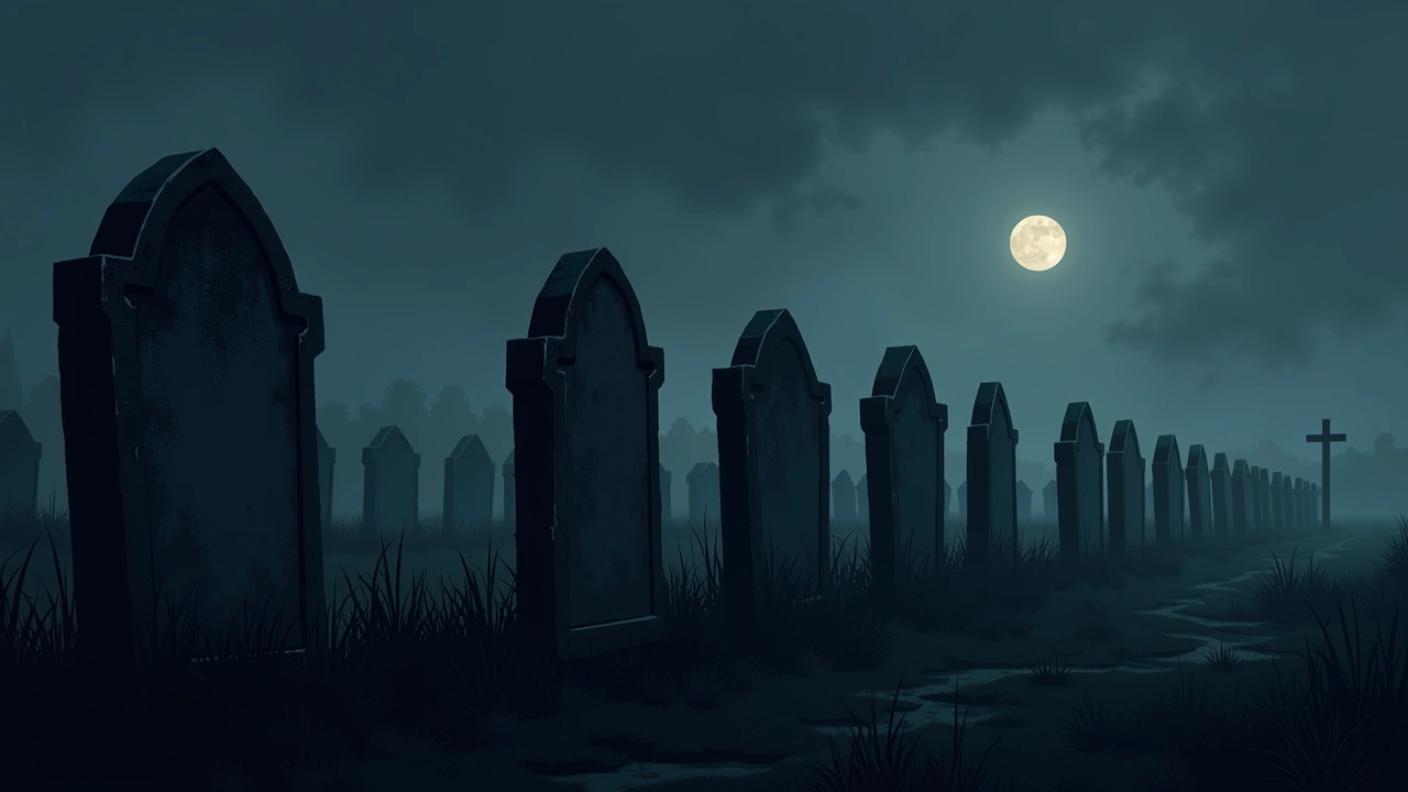 Illustration: a row of weathered headstones in an old cemetery at dusk.