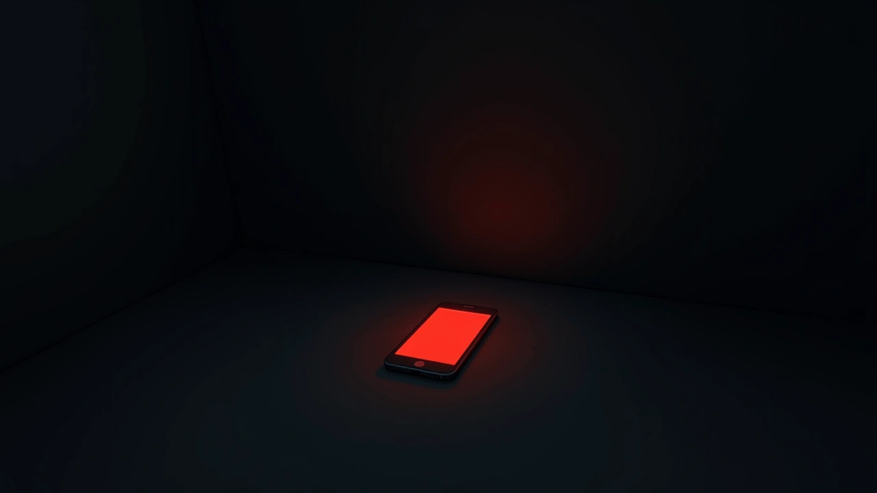Illustration: a phone screen glowing red in a dark room, faint static in the background.