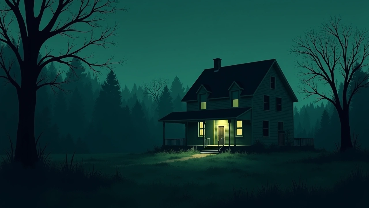 Illustration: an old family house at dusk, its garden dark and empty.