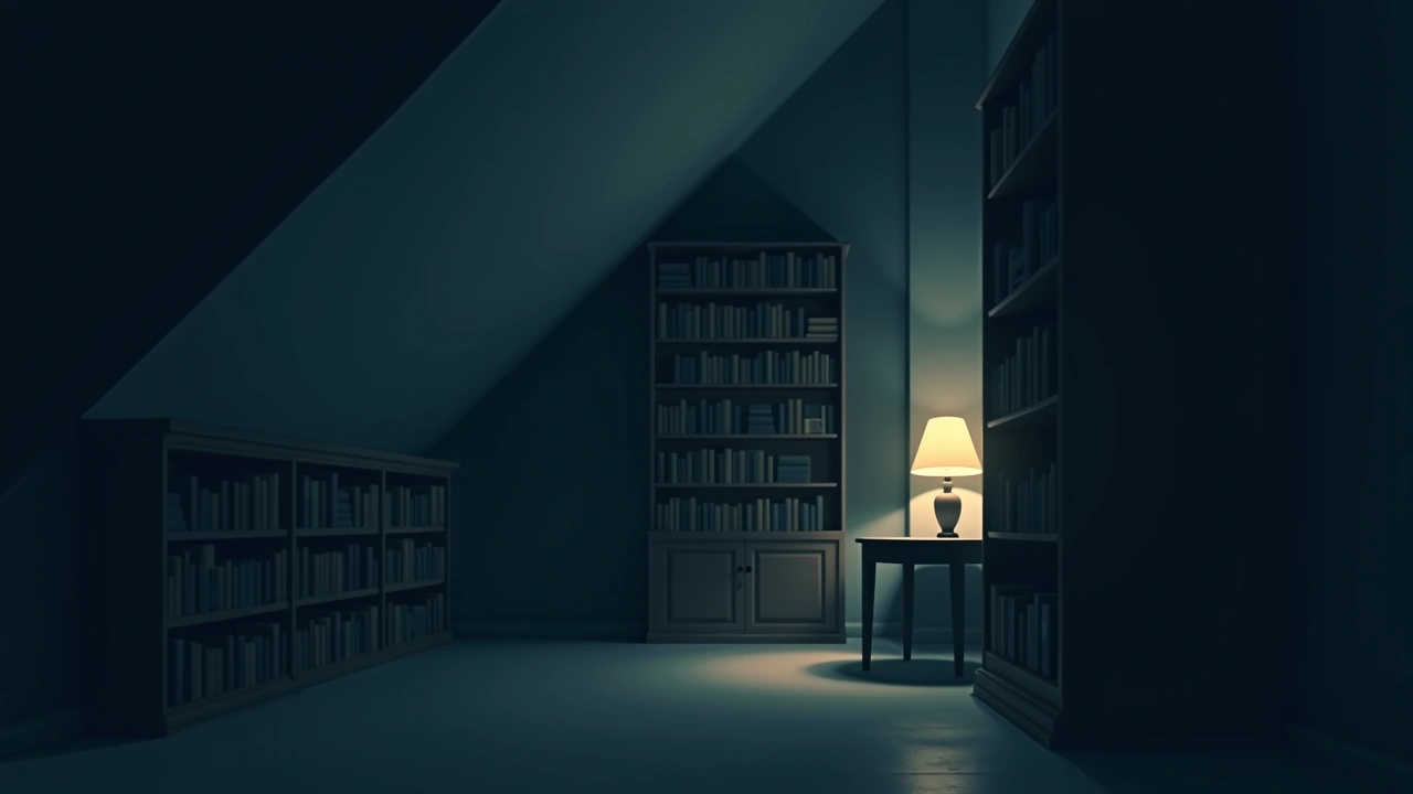 Illustration: a quiet library reading room tucked under a sloped attic roof, warm lamp light.