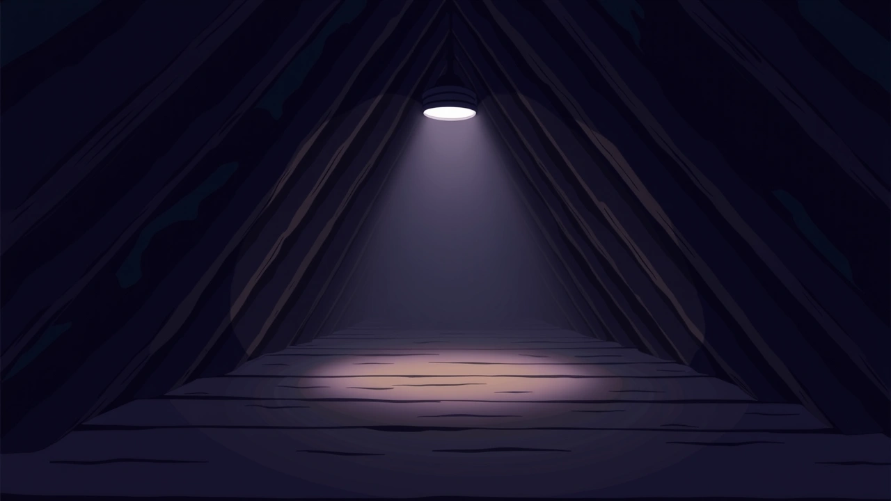 Illustration: A narrow attic crawlspace lit by a single flashlight beam among wooden rafters.