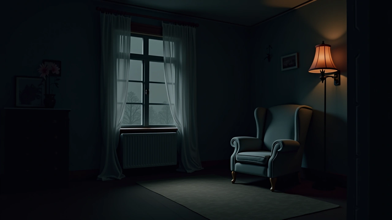 Illustration: a cozy, dimly lit living room in an elderly relative's home, an armchair beside a window.