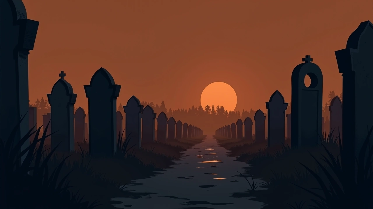 Illustration: a cemetery at dusk with rows of weathered headstones.