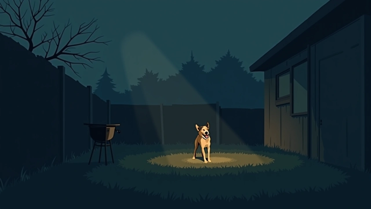 Illustration: a dog standing in a backyard at night, lit by the glow of a nearby barbecue grill.
