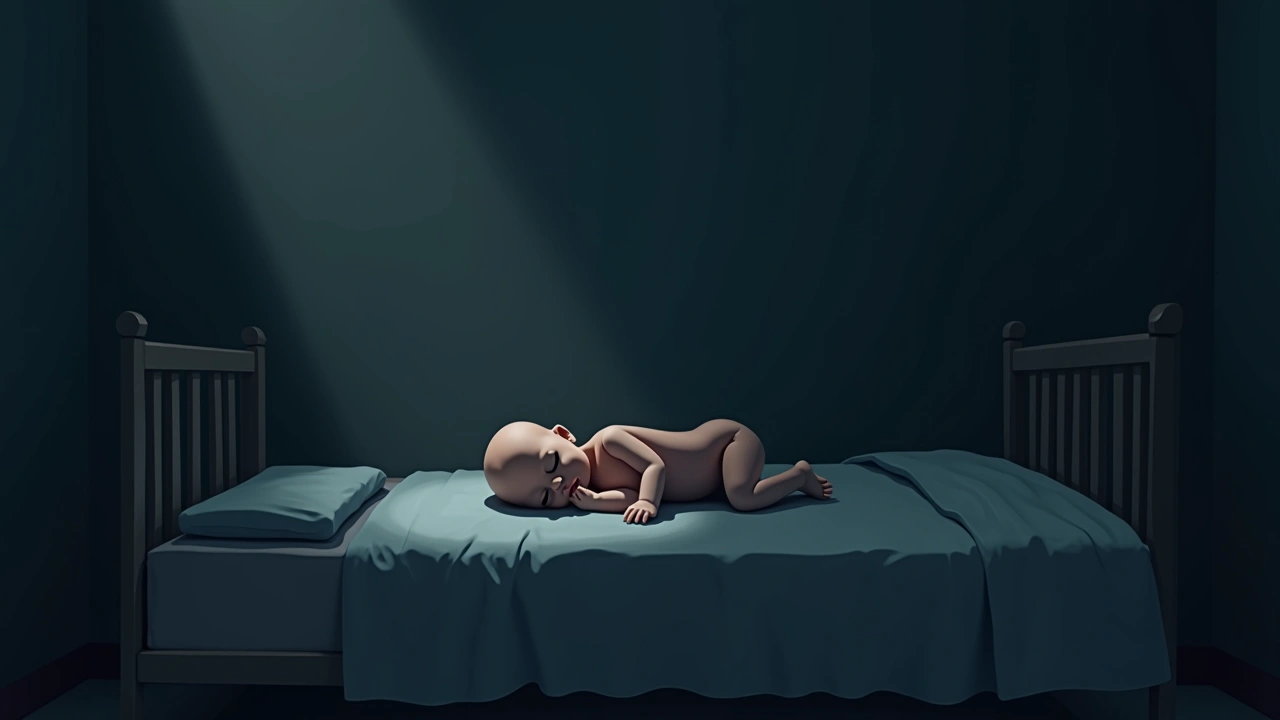 Illustration: a lifelike baby doll resting on a bed in a dim, quiet room.