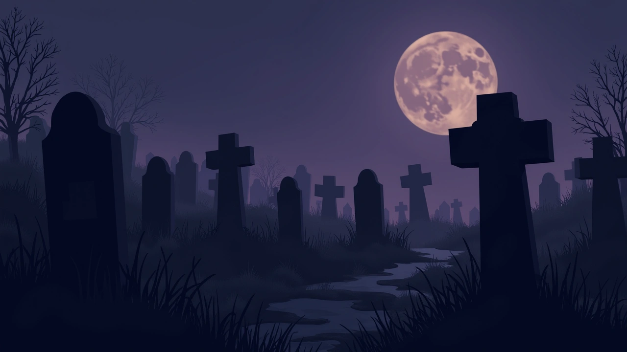 Illustration: a moonlit graveyard at night with weathered old headstones.