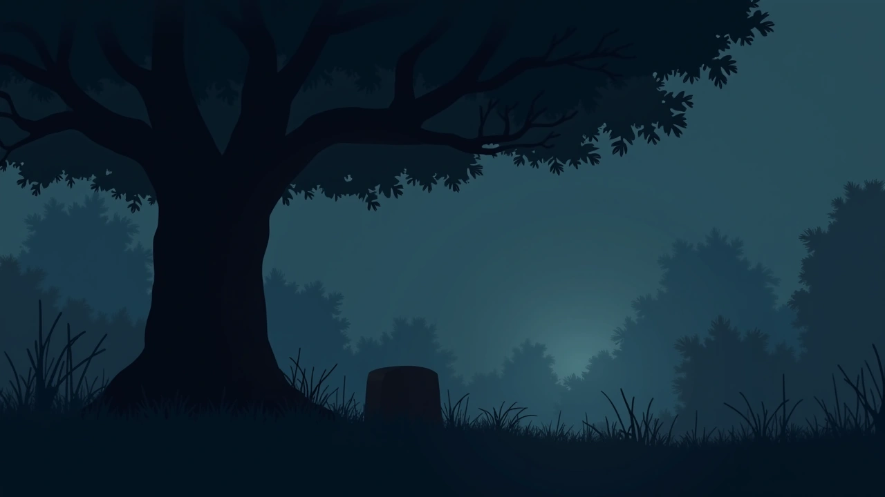 Illustration: a quiet backyard pet grave beneath a tree at dusk.