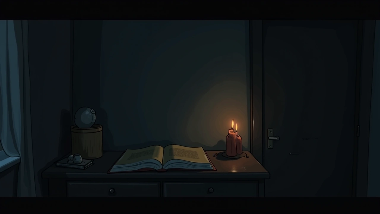 Illustration: a children's storybook resting on a dresser in a quiet, dimly lit bedroom.