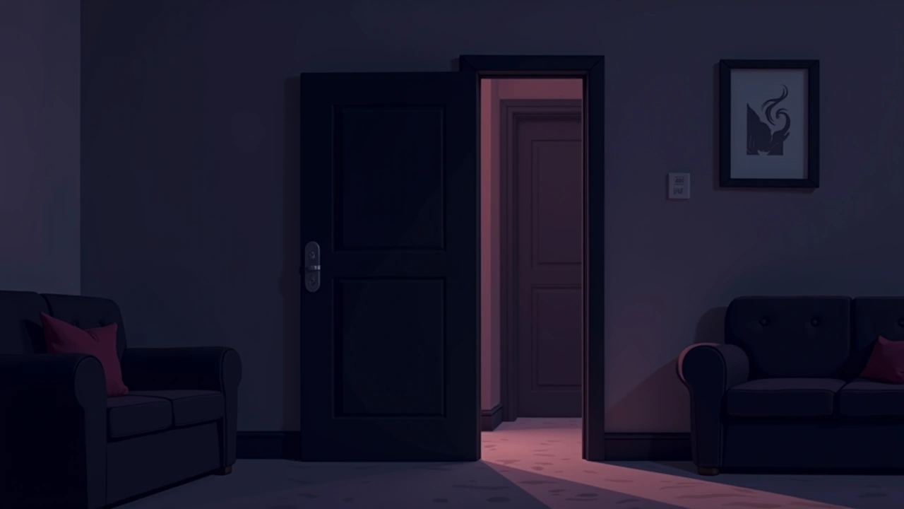 Illustration: a dark closet door left slightly ajar in a dim living room.