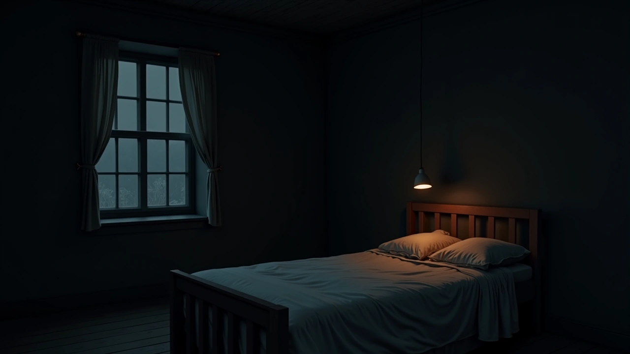 Illustration: an old farmhouse bedroom at night, dimly lit.