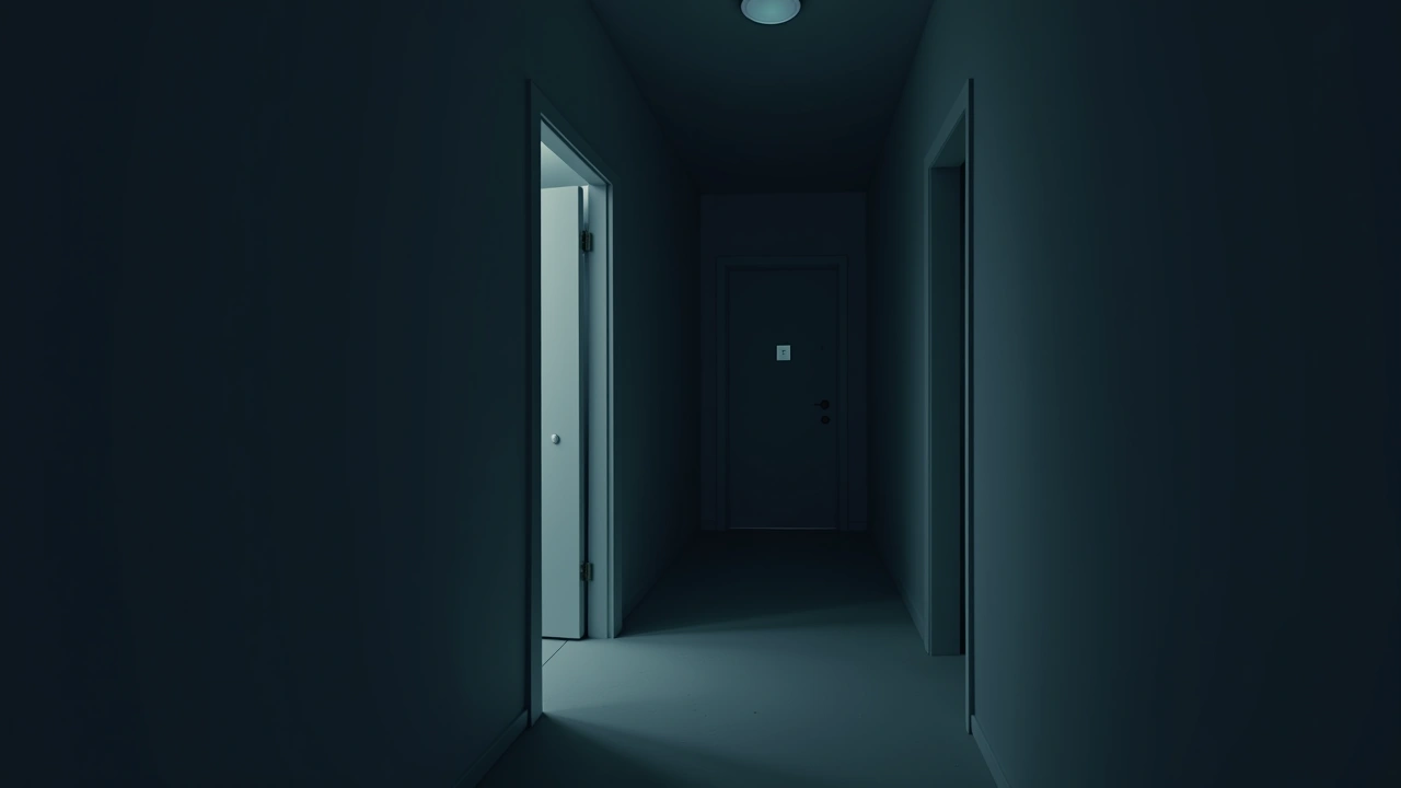 Illustration: a dark hallway outside a bedroom door, lit only by a phone screen.
