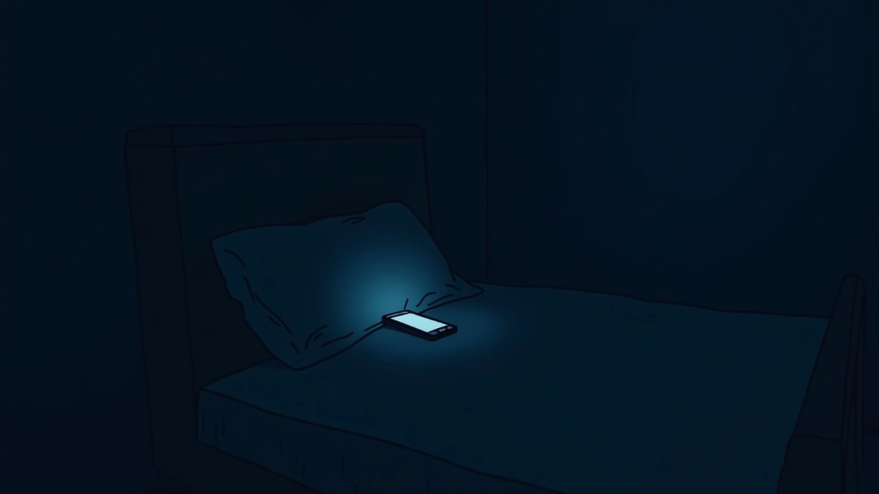 Illustration: A dim bedroom at night, a phone propped against a pillow glowing faintly.