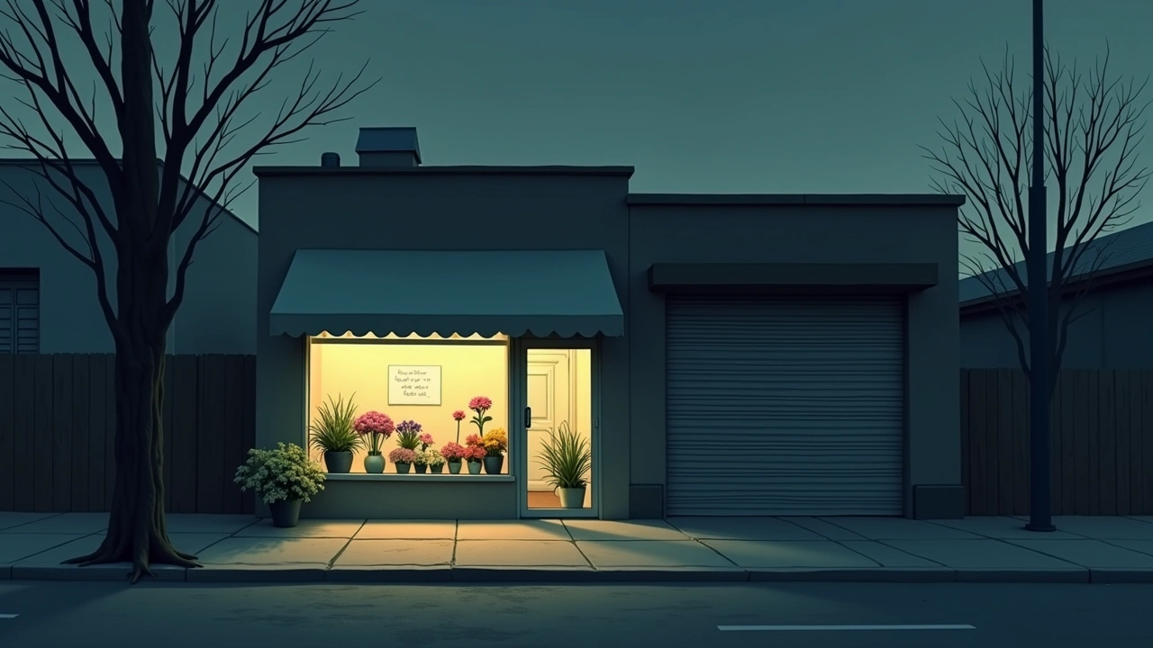 Illustration: a small flower shop at dusk, its lights on, beside a shuttered storefront.