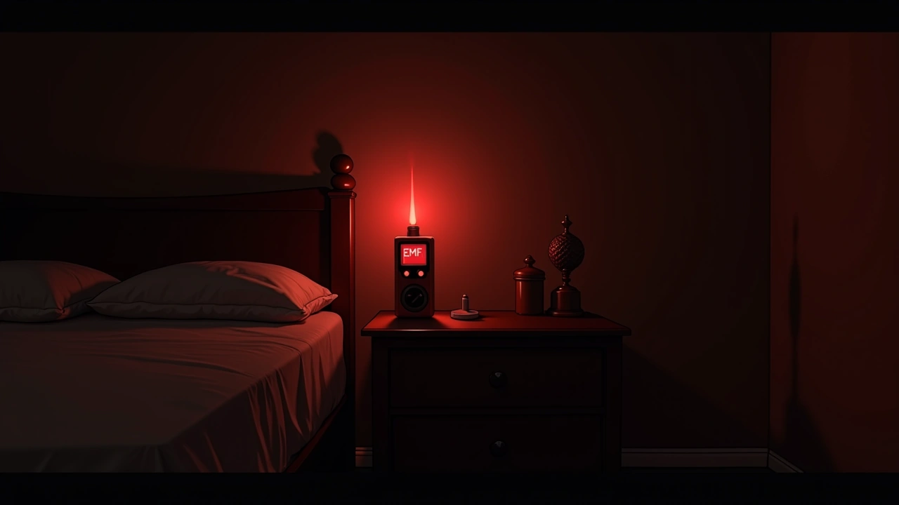 Illustration: an EMF meter glowing solid red on a nightstand in a dark bedroom.