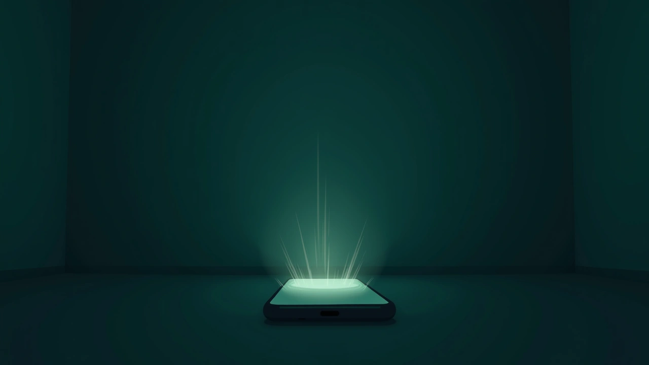 Illustration: A smartphone screen flickering with a sudden signal spike in a dim room.