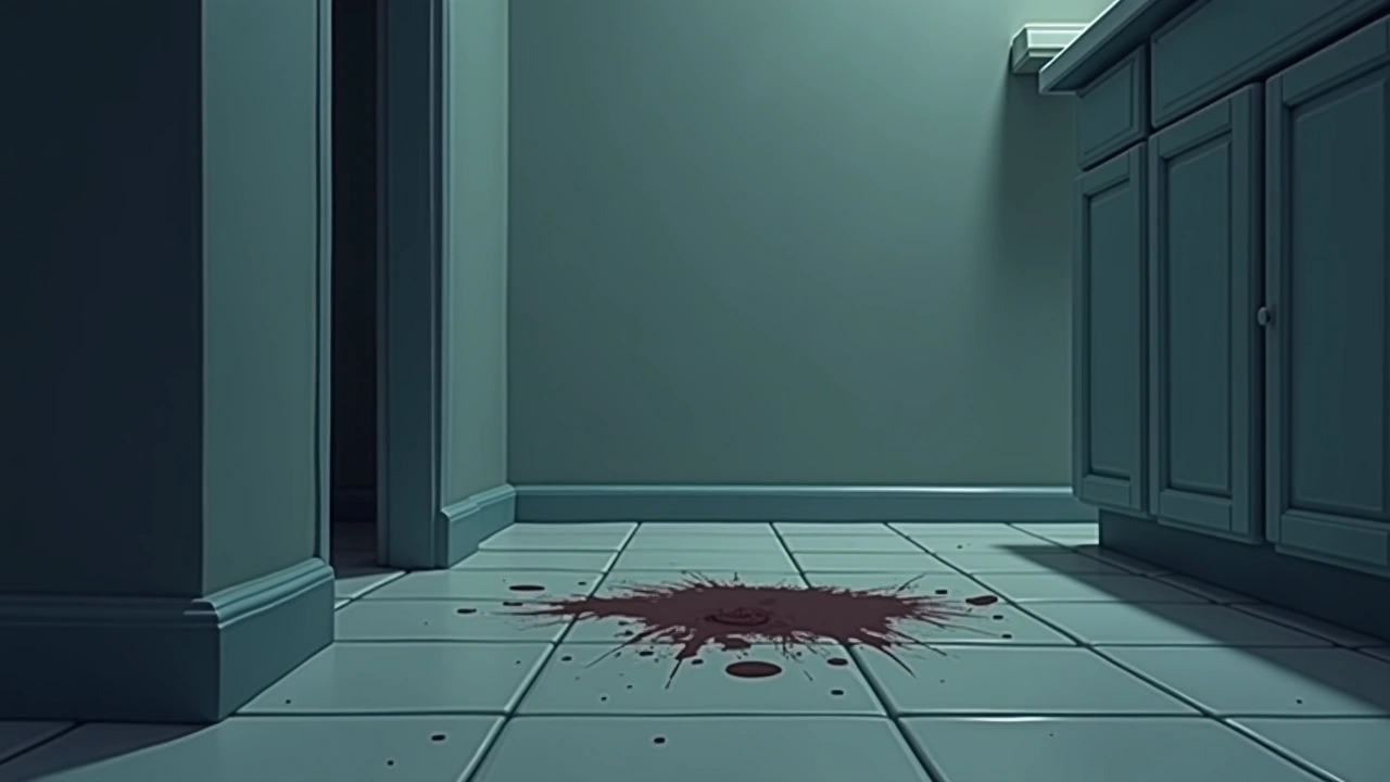 Illustration: A stained carpet at the edge of a bathroom tile floor, dimly lit.