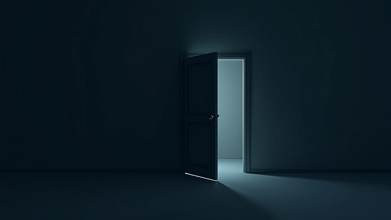 Illustration: a dark closet door slightly ajar in a dim bedroom late at night.