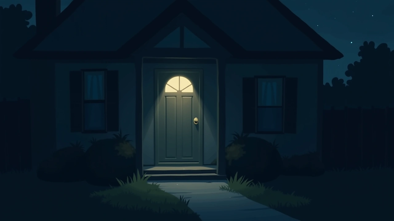 Illustration: a porch light glowing at night outside a family home, the front door slightly open.